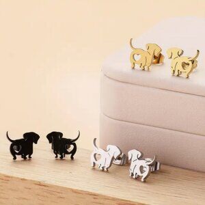 Stainless Steel Dachshund Heart Bottom Stud Earrings in Sliver, Gold, or Black